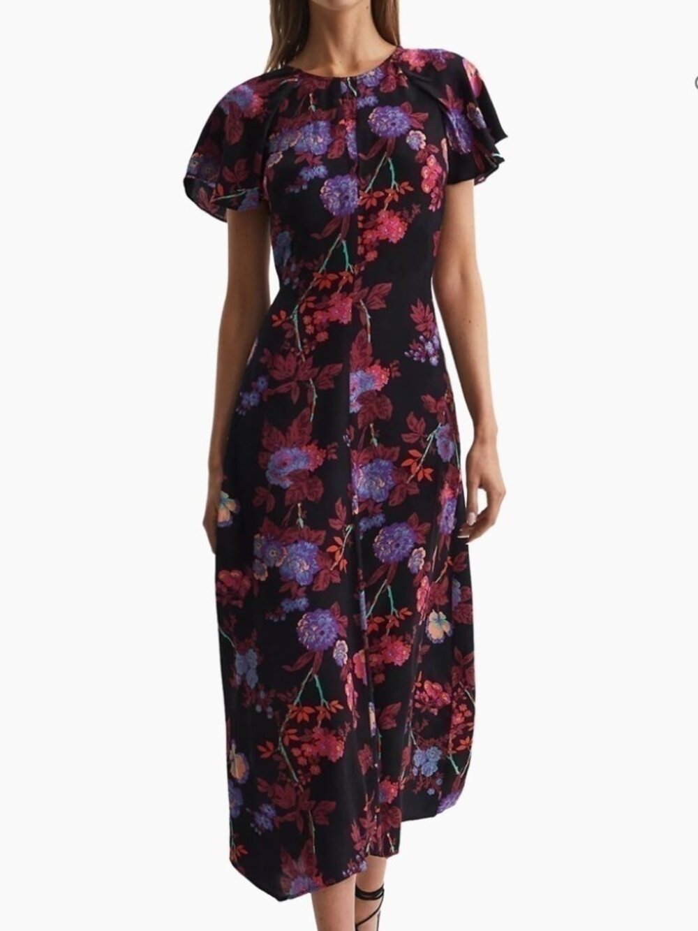REISS Womens Leni Dark Floral Romantic Flutter Sleeve Midi Dress Black Size 8